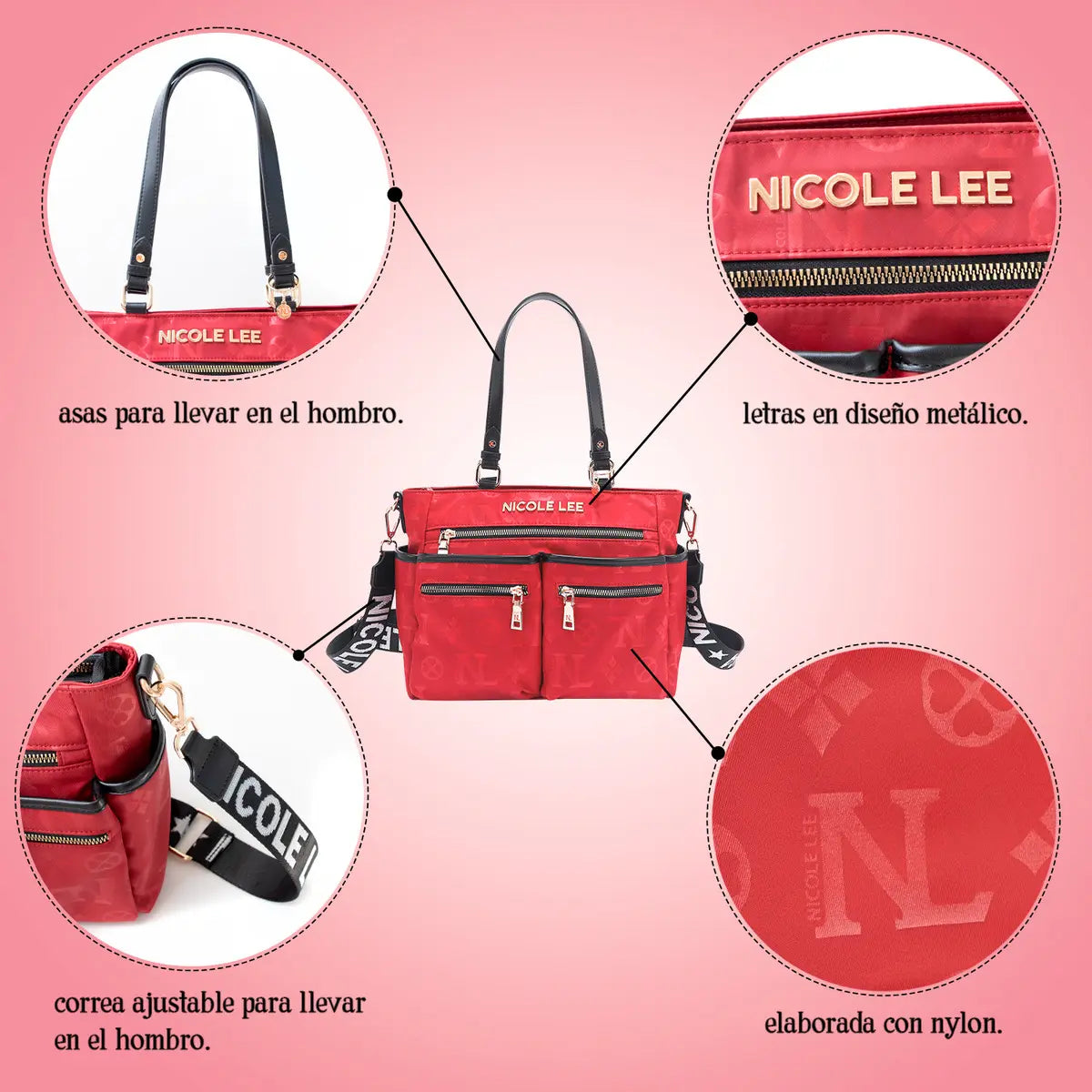 Bolsa Tote De Nicole Lee De Nylon Ss25 Acabado de los herrajes Níquel Color Rojo Correa de hombro Red Diseño de la tela Red
