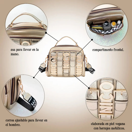 Bolsa Multifuncional Nicole Lee C/cinturon De Hebilla Ss25 Acabado de los herrajes Níquel Color Dorado Correa de hombro Gold Diseño de la tela Lisa