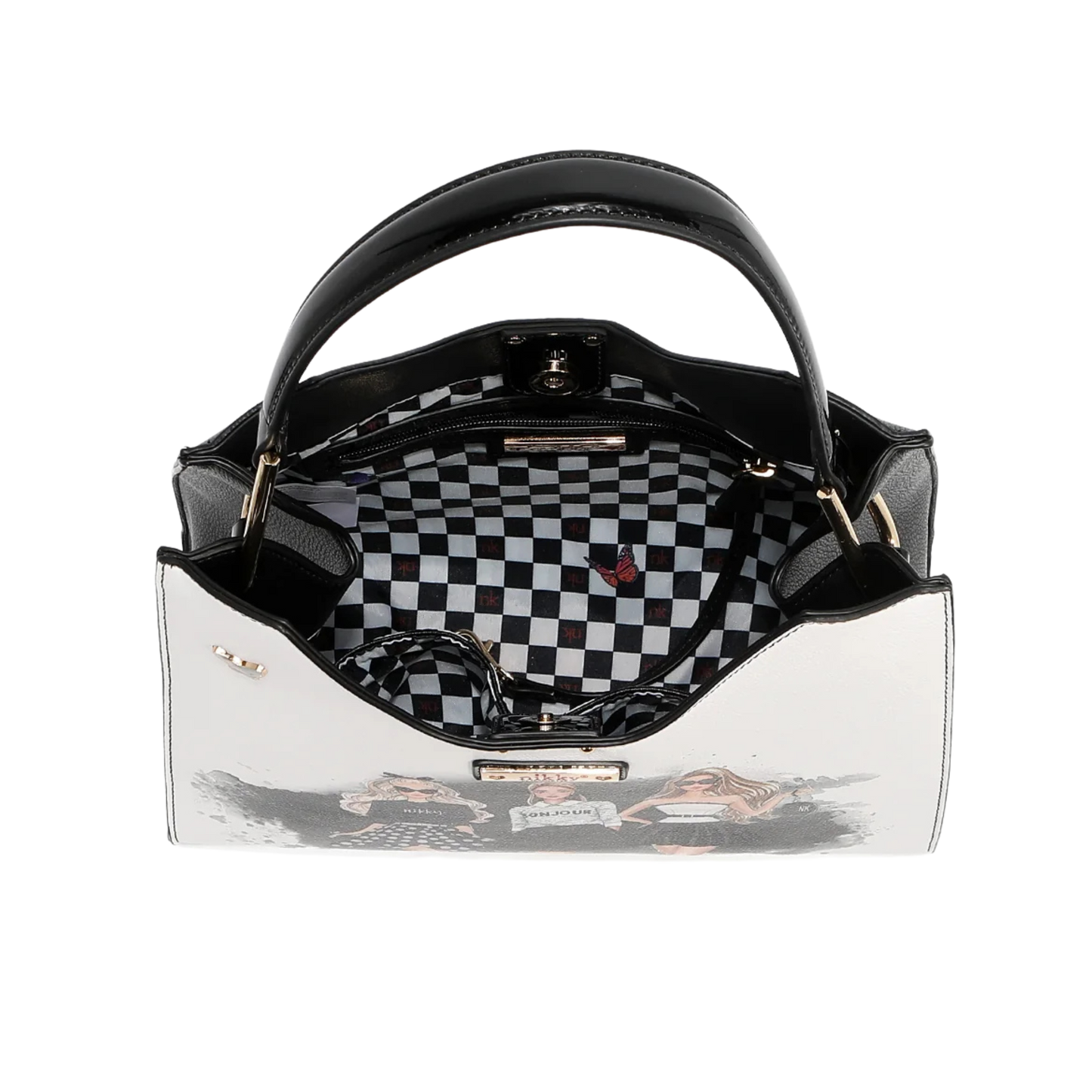 Set de 2 Piezas Bolsa con Correa y Cosmetiquera Trio Nikky By Nicole Lee Estampado Oro Negro Modelo NK12902-TRIO