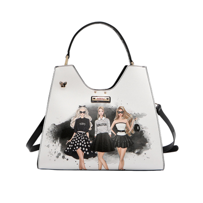 Set de 2 Piezas Bolsa con Correa y Cosmetiquera Trio Nikky By Nicole Lee Estampado Oro Negro Modelo NK12902-TRIO