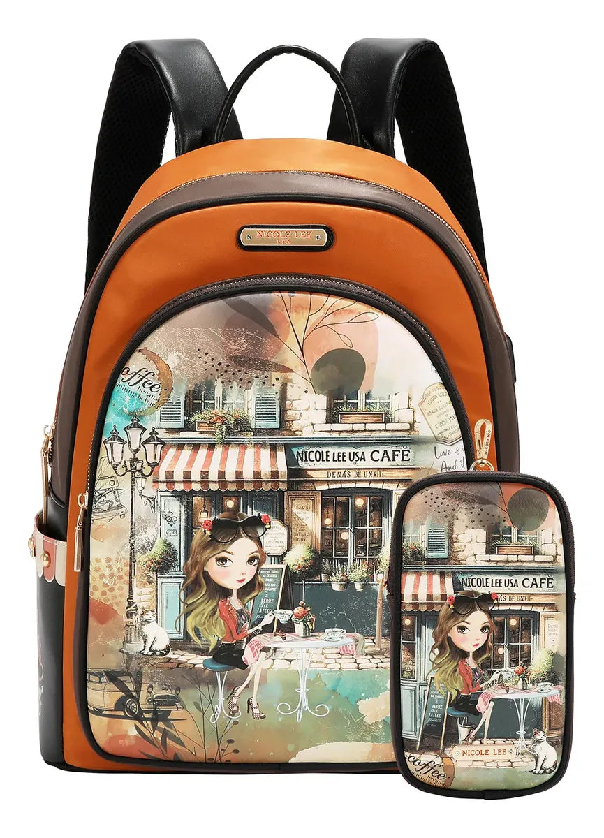 Mochila Nicole Lee Nylon Con Bolsita Virtual Friend Ss26 Marrón