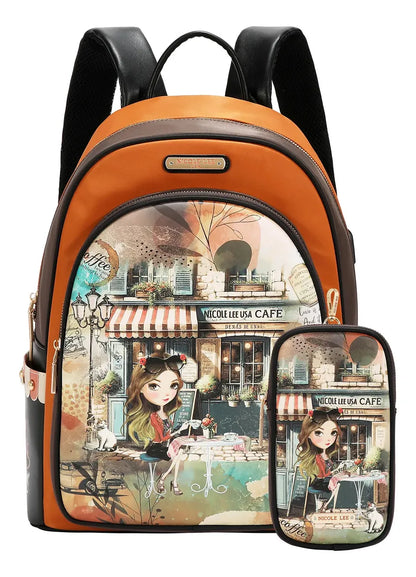 Mochila Nicole Lee Nylon Con Bolsita Virtual Friend Ss26 Marrón