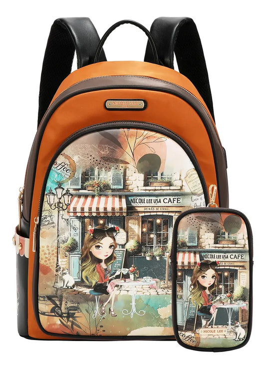 Mochila Nicole Lee Nylon Con Bolsita Virtual Friend Ss26 Marrón