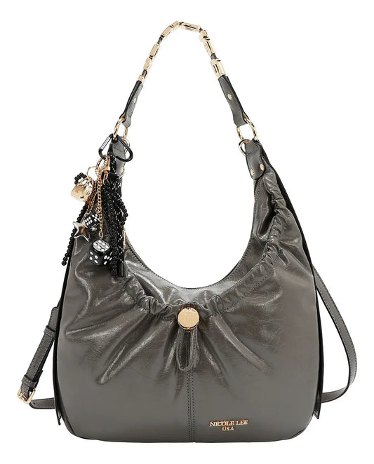 Bolsa Hobo Nicole Lee Acabado Brillante Y Llavero Fw25 Acabado De Los Herrajes Níquel