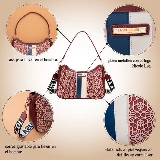 Bolsa Shoulder Nicole Lee En Corte Láser Y Pedrería Fw25 Acabado De Los Herrajes Níquel
