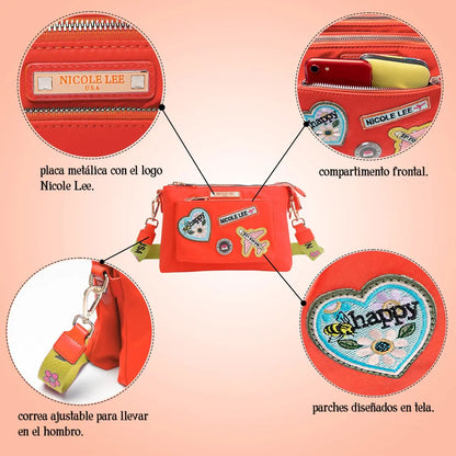 Bolsa Crossbody De Nicole Lee De Nylon Con Parches Ss25 Acabado De Los Herrajes Níquel Color Naranja Correa De Hombro