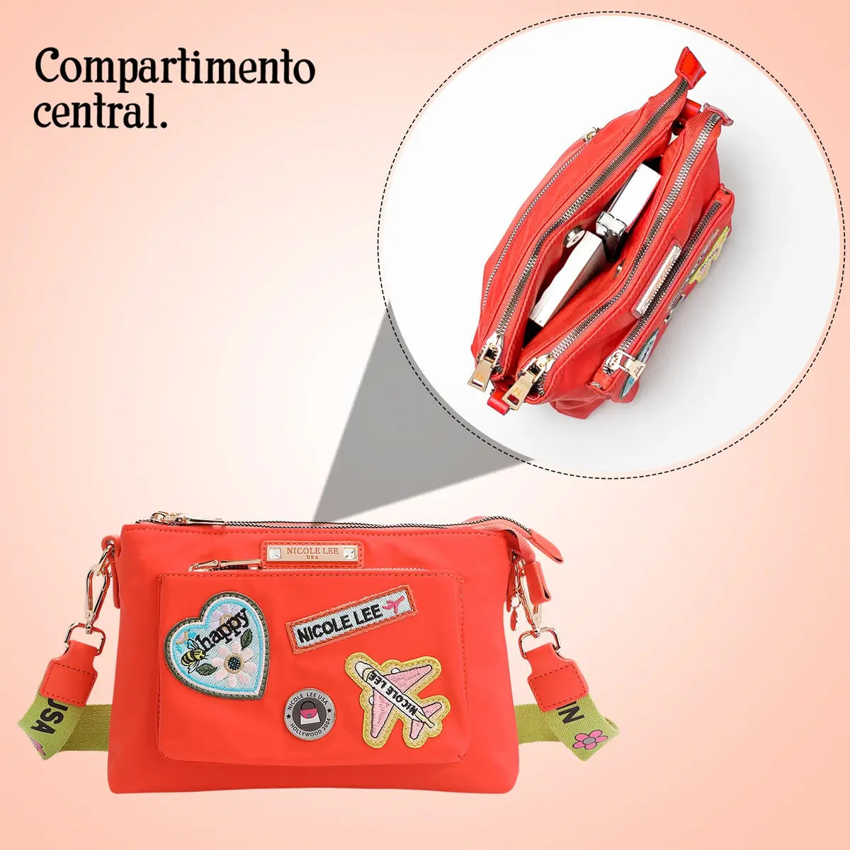 Bolsa Crossbody De Nicole Lee De Nylon Con Parches Ss25 Acabado De Los Herrajes Níquel Color Naranja Correa De Hombro