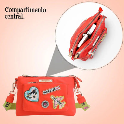 Bolsa Crossbody De Nicole Lee De Nylon Con Parches Ss25 Acabado De Los Herrajes Níquel Color Naranja Correa De Hombro