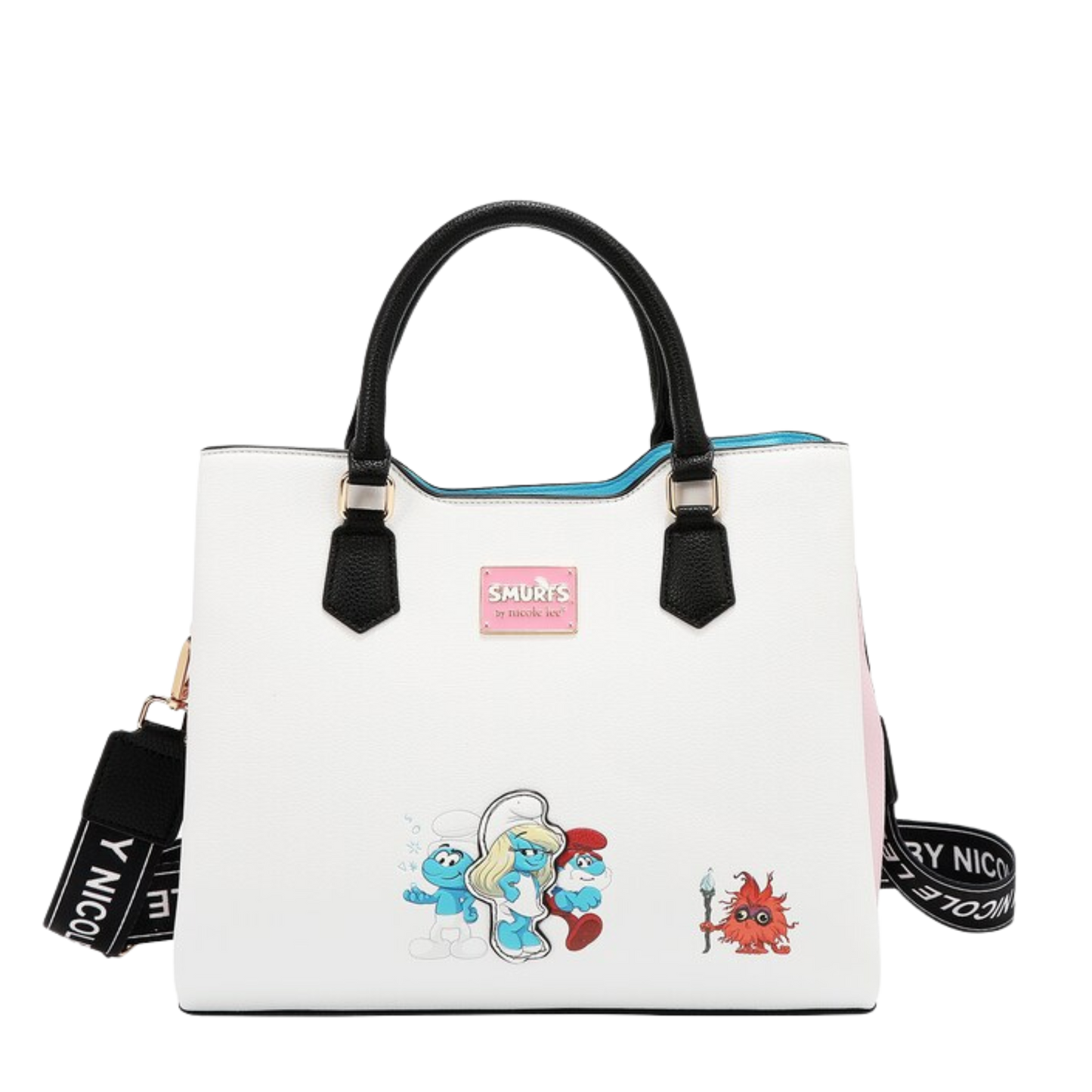 Bolsa Cuadrada Estampada Pitufos By Nicole Lee Fw25 Acabado De Los Herrajes Níquel Color Smurfs Correa De Hombro Negro Diseño De La Tela Smurfs
