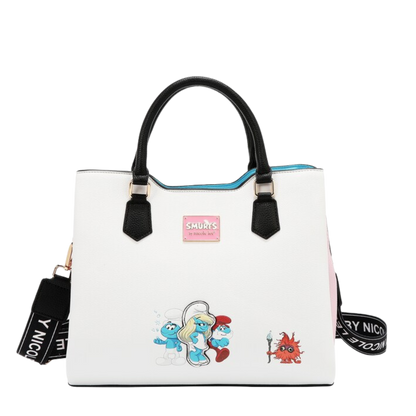 Bolsa Cuadrada Estampada Pitufos By Nicole Lee Fw25 Acabado De Los Herrajes Níquel Color Smurfs Correa De Hombro Negro Diseño De La Tela Smurfs