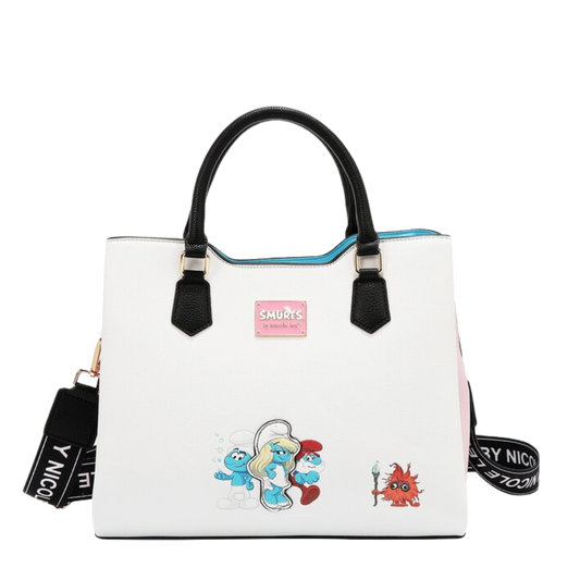 Bolsa Cuadrada Estampada Pitufos By Nicole Lee Fw25 Acabado De Los Herrajes Níquel Color Smurfs Correa De Hombro Negro Diseño De La Tela Smurfs